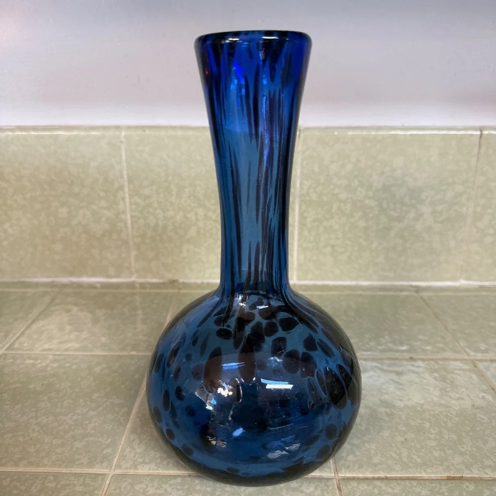 Cobalt Blue Hand Blown Art Glass Bud Vase Spotted Leopard Pattern MCM Style 8